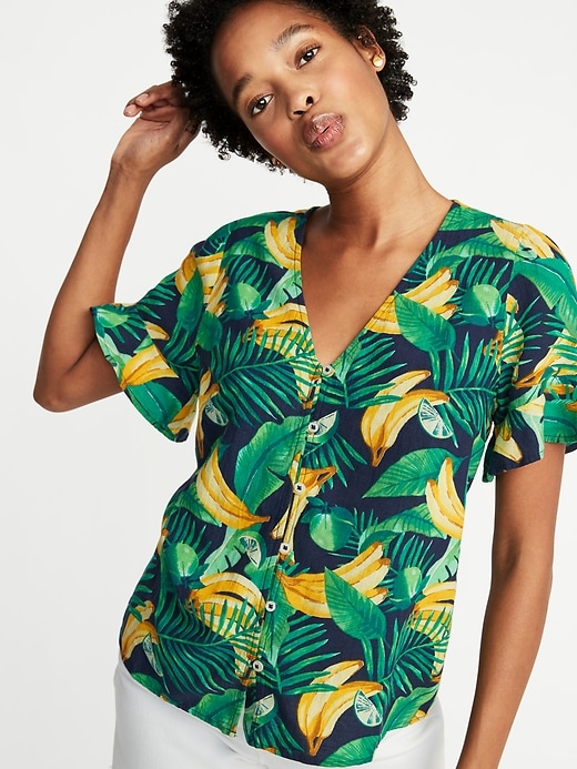 Image number 1 showing, Banana-Print Button-Front Shirt for Women