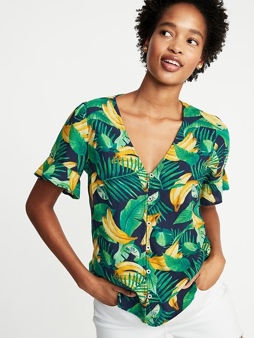 Image number 4 showing, Banana-Print Button-Front Shirt for Women