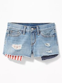 View large product image 3 of 3. Americana Exposed Pocket Distressed Denim Cut-Offs for Girls