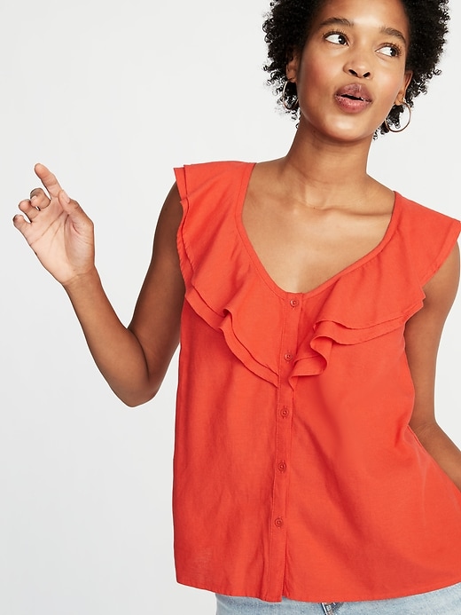 Image number 1 showing, Sleeveless Ruffle-Trim Button-Front Blouse for Women