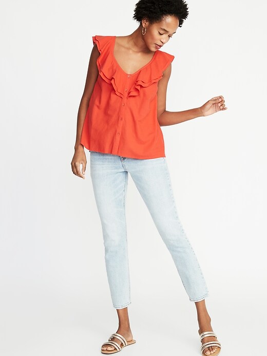 Image number 3 showing, Sleeveless Ruffle-Trim Button-Front Blouse for Women