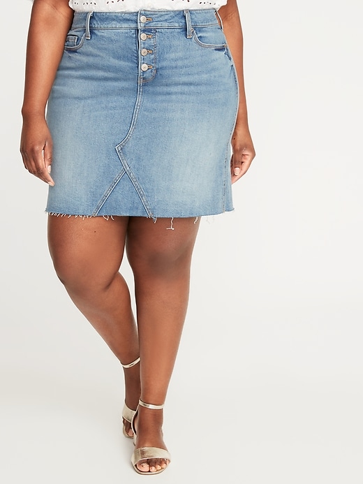 View large product image 1 of 3. High-Waisted Secret-Slim Pockets Button-Fly Plus-Size Jean Skirt
