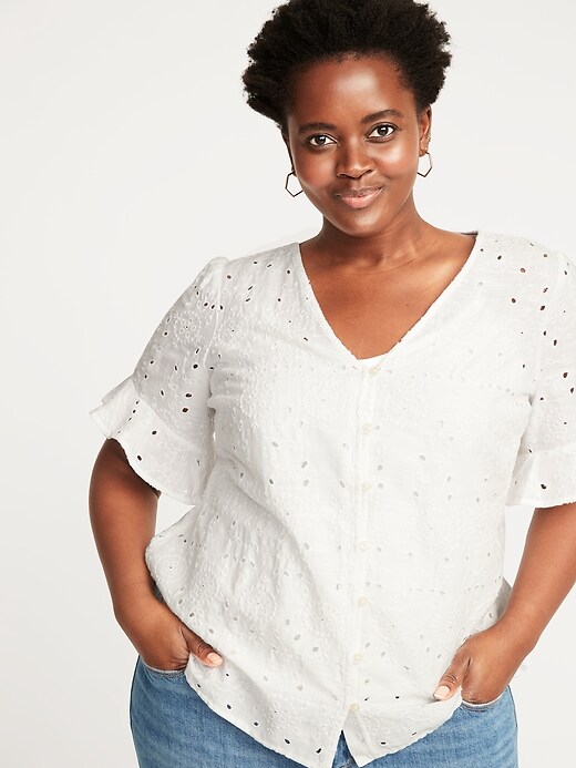 Image number 4 showing, Button-Front V-Neck Plus-Size Cutwork Top