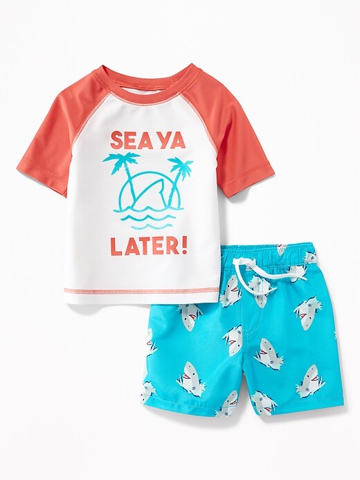 View large product image 1 of 2. Graphic Rashguard & Printed Swim Trunks Set for Baby