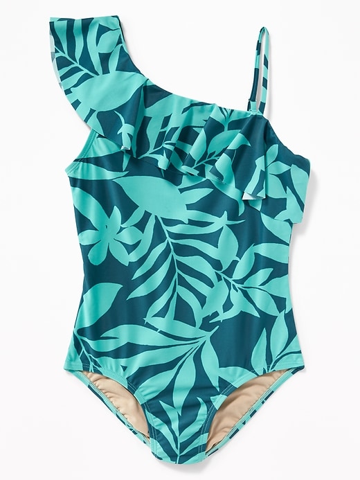 View large product image 1 of 1. Ruffled One-Shoulder Printed Swimsuit for Girls