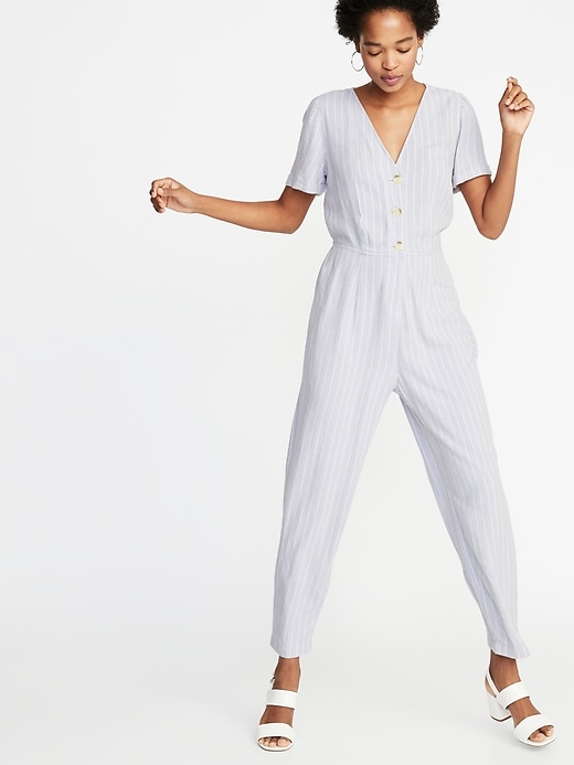 Image number 1 showing, Waist-Defined Striped V-Neck Button-Front Jumpsuit for Women