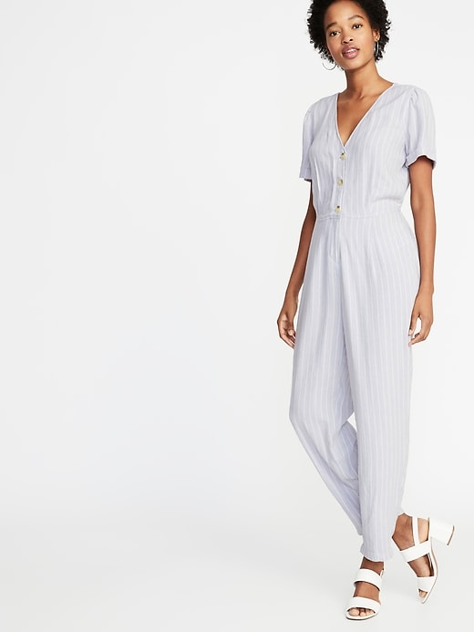 Image number 4 showing, Waist-Defined Striped V-Neck Button-Front Jumpsuit for Women