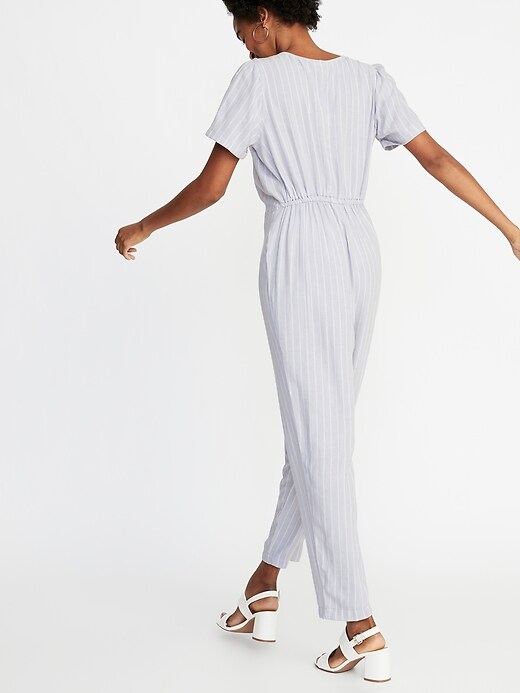 Image number 2 showing, Waist-Defined Striped V-Neck Button-Front Jumpsuit for Women