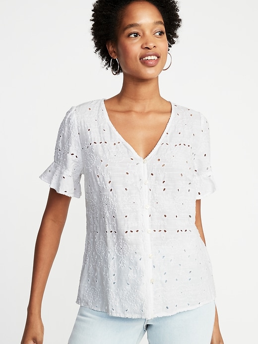 Image number 1 showing, V-Neck Button-Front Cutwork Blouse for Women