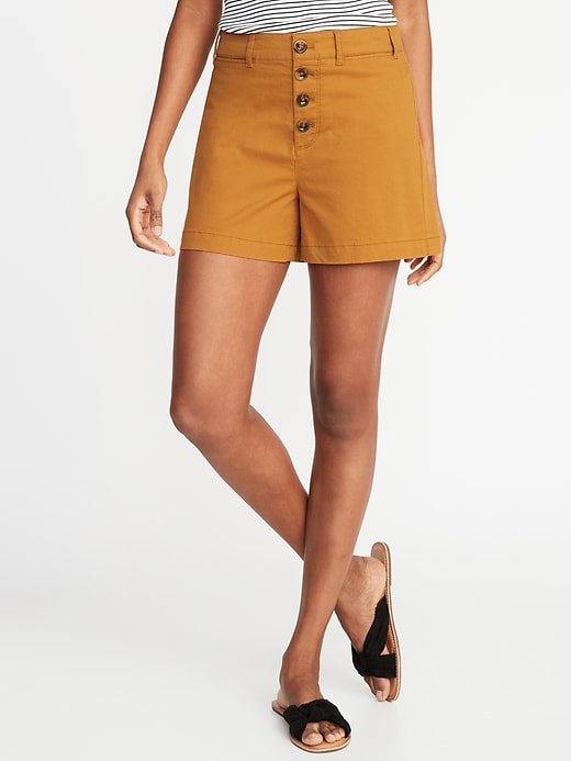 View large product image 1 of 2. High-Waisted Button-Fly Twill Shorts For Women - 4-Inch Inseam