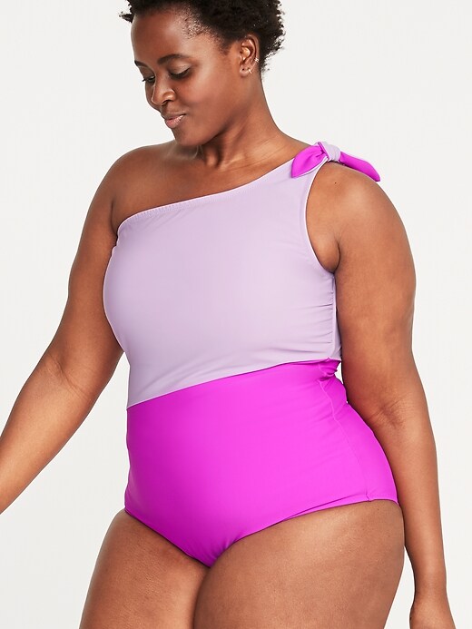 Image number 1 showing, Color-Blocked Secret-Slim One-Shoulder Plus-Size Swimsuit