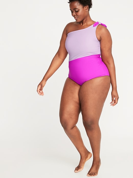 Image number 3 showing, Color-Blocked Secret-Slim One-Shoulder Plus-Size Swimsuit
