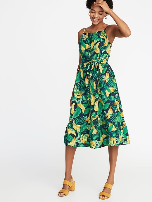 Image number 1 showing, Tie-Belt Square-Neck Banana-Print Midi Dress for Women