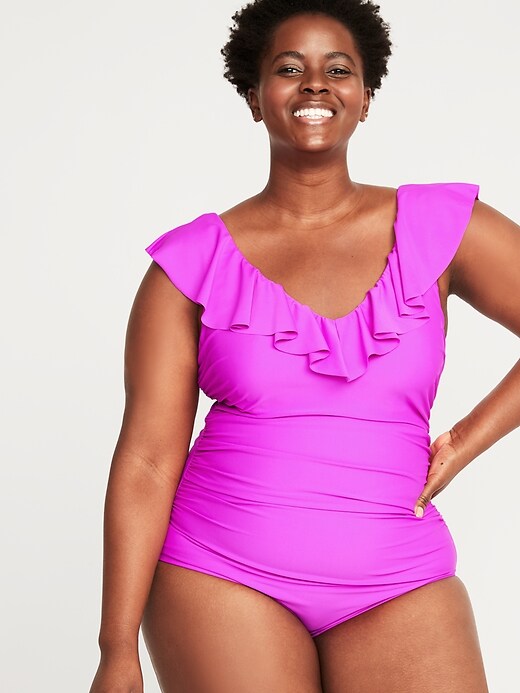 View large product image 1 of 1. Ruffle-Neck Secret-Slim Plus-Size Swimsuit
