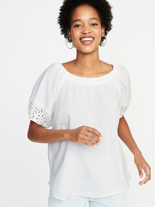 Image number 1 showing, High-Neck Cutwork-Sleeve Blouse for Women