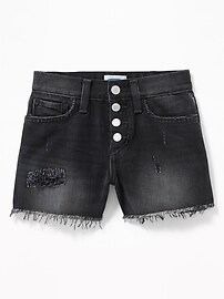 View large product image 3 of 3. High-Waisted Button-Fly Distressed Black Denim Shorts For Girls