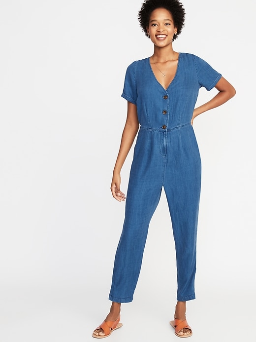 Image number 1 showing, Chambray V-Neck Button-Front Jumpsuit for Women