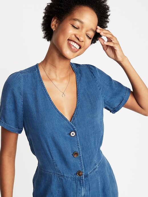 Image number 4 showing, Chambray V-Neck Button-Front Jumpsuit for Women