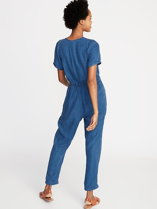 Image number 2 showing, Chambray V-Neck Button-Front Jumpsuit for Women