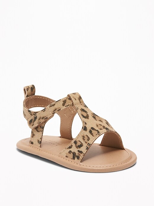 View large product image 1 of 4. Leopard-Print Canvas T-Strap Sandals for Baby