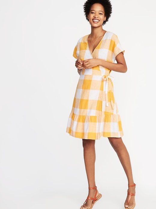 View large product image 1 of 2. Waist-Defined Wrap-Front Gingham Dress for Women
