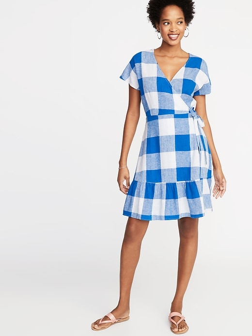 Image number 1 showing, Waist-Defined Wrap-Front Gingham Dress for Women