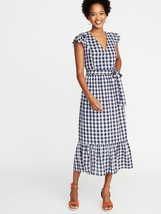 Image number 1 showing, Waist-Defined Wrap-Front Gingham Midi for Women