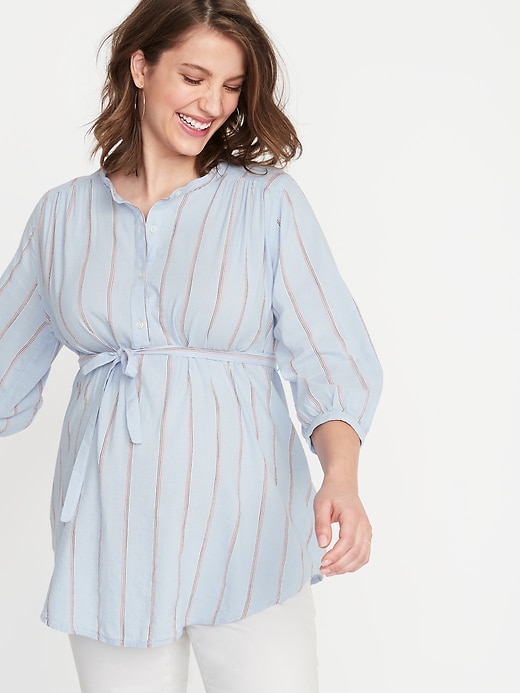 Image number 1 showing, Maternity Striped Tie-Waist Tunic