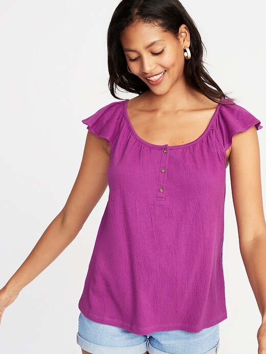 View large product image 1 of 1. Relaxed Flutter-Sleeve Textured Top for Women