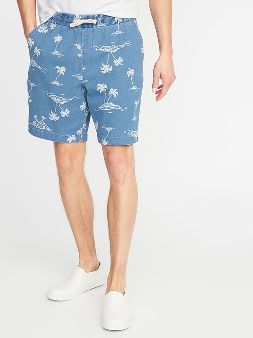 View large product image 1 of 2. Built-In Flex Palm-Print Denim Jogger Shorts - 9-inch inseam