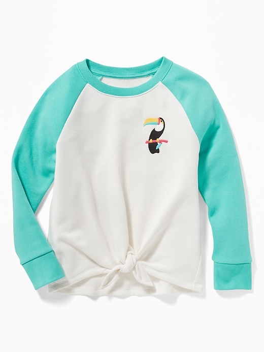 View large product image 1 of 1. Tie-Front Embroidered-Graphic Raglan Sweatshirt for Girls