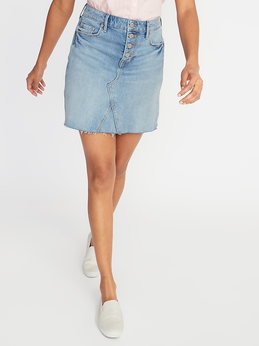 View large product image 1 of 2. High-Waisted Button-Fly Frayed-Hem Jean Skirt For Women