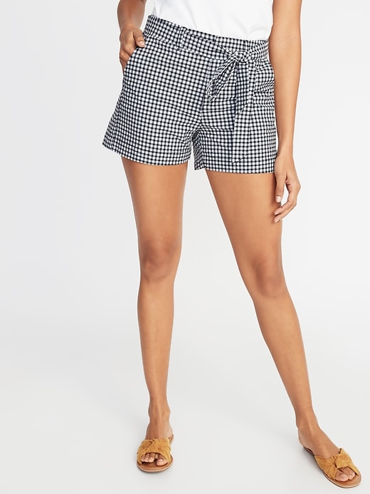 View large product image 1 of 3. High-Waisted Tie-Waist Gingham Shorts For Women - 4-Inch Inseam