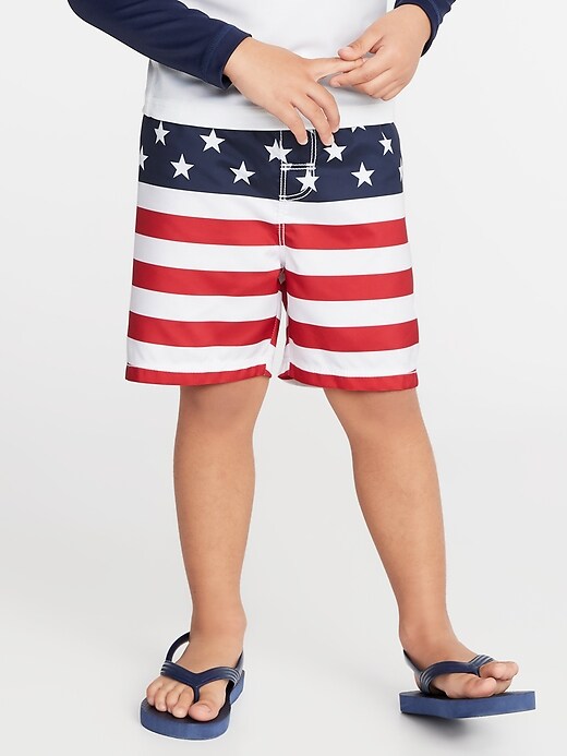 View large product image 1 of 3. Functional Drawstring Flag-Print Swim Trunks for Toddler Boys