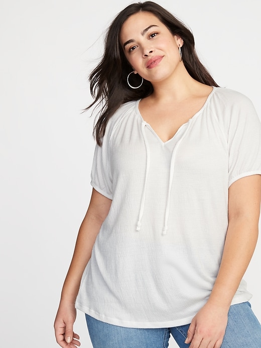View large product image 1 of 1. Relaxed Plus-Size Split-Neck Textured Top