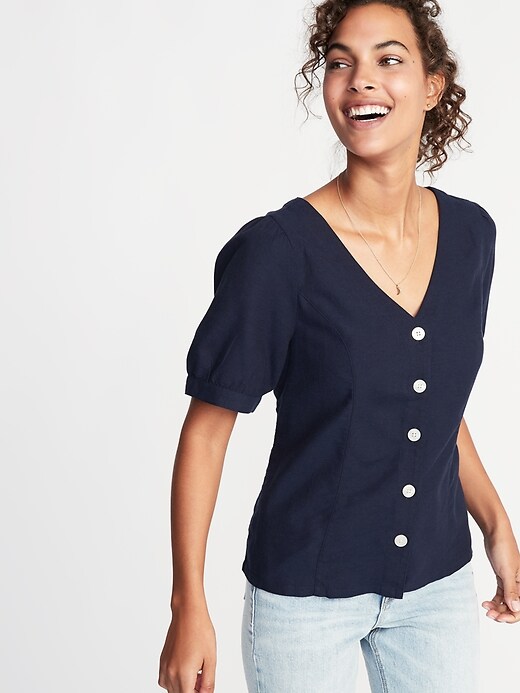Image number 1 showing, Button-Front Puff-Sleeve Blouse for Women