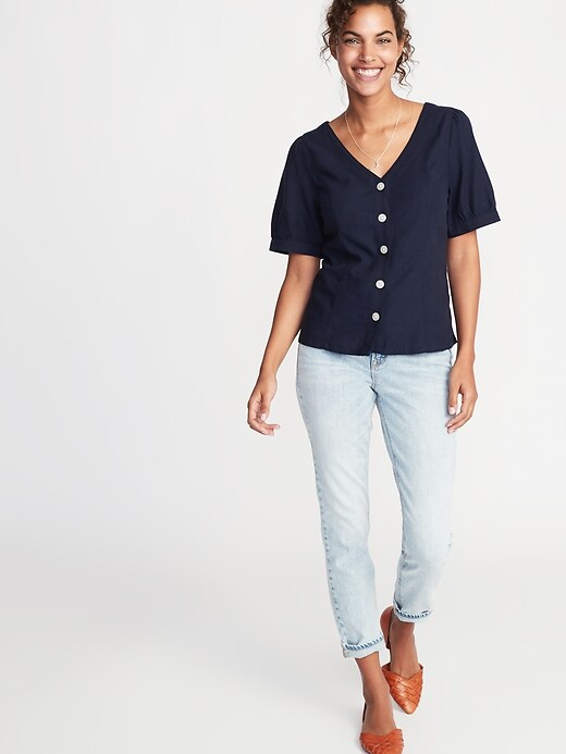 Image number 3 showing, Button-Front Puff-Sleeve Blouse for Women