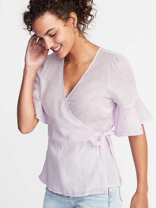 View large product image 1 of 1. Wrap-Front Linen-Blend Top for Women