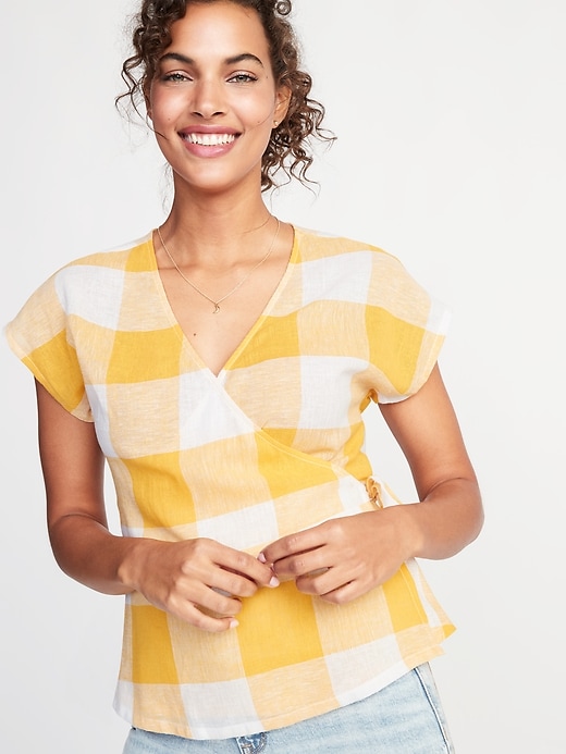 Image number 1 showing, Wrap-Front Side-Tie Linen-Blend Top for Women