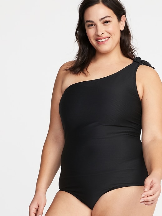 Image number 1 showing, Textured Knotted One-Shoulder Plus-Size Secret-Slim Swimsuit