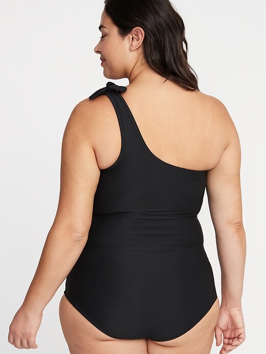 Image number 2 showing, Textured Knotted One-Shoulder Plus-Size Secret-Slim Swimsuit