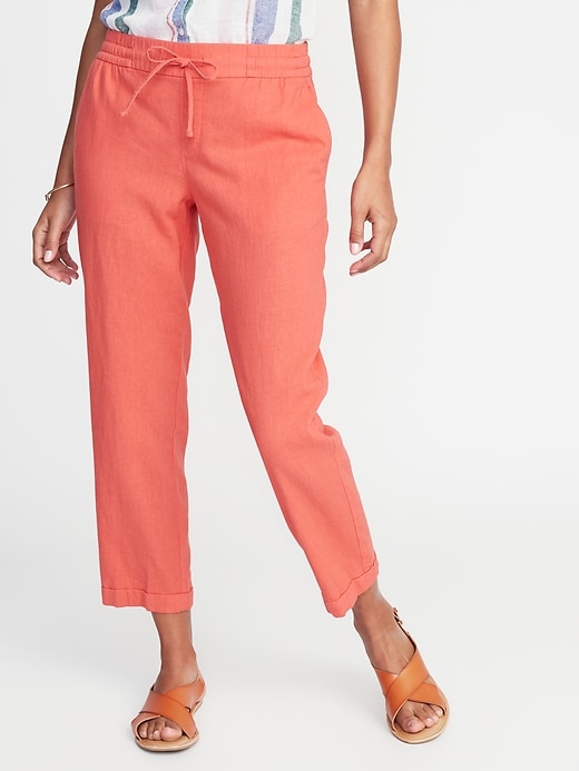 View large product image 1 of 2. Mid-Rise Linen-Blend Straight-Leg Cropped Pants for Women