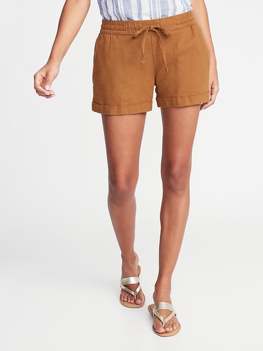 View large product image 1 of 2. Mid-Rise Linen-Blend Shorts for Women - 4-inch inseam