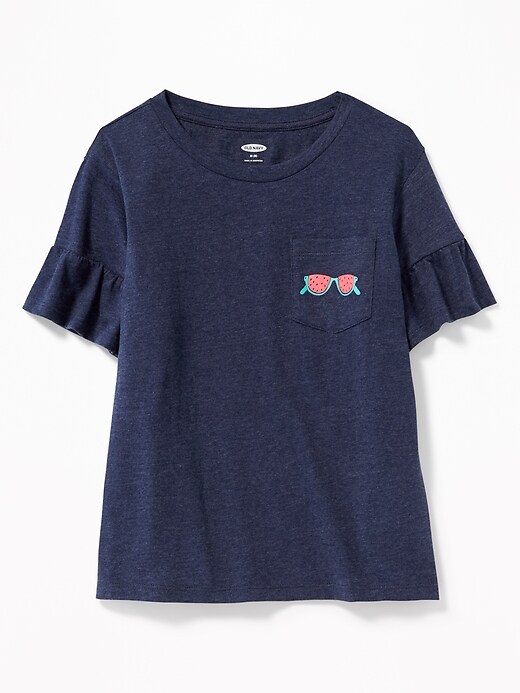 View large product image 1 of 1. Ruffled-Sleeve Graphic Pocket Tee for Girls