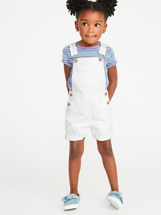 View large product image 1 of 3. White Jean Shortalls For Toddler Girls