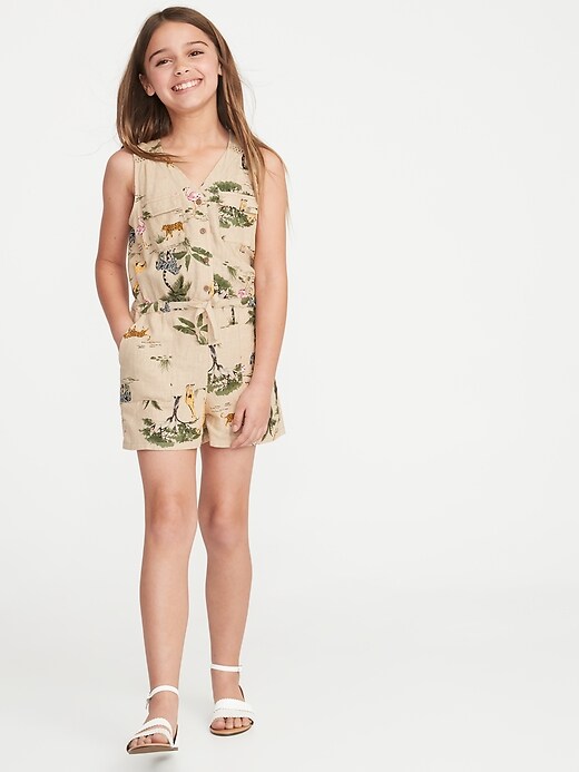 View large product image 1 of 1. Linen-Blend Utility-Pocket Romper for Girls