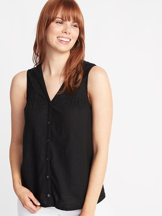 View large product image 1 of 1. Sleeveless Pintucked Linen-Blend Top for Women