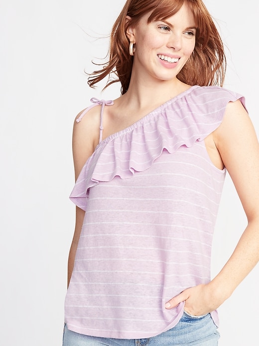 View large product image 1 of 1. Ruffled Linen-Blend One-Shoulder Top for Women