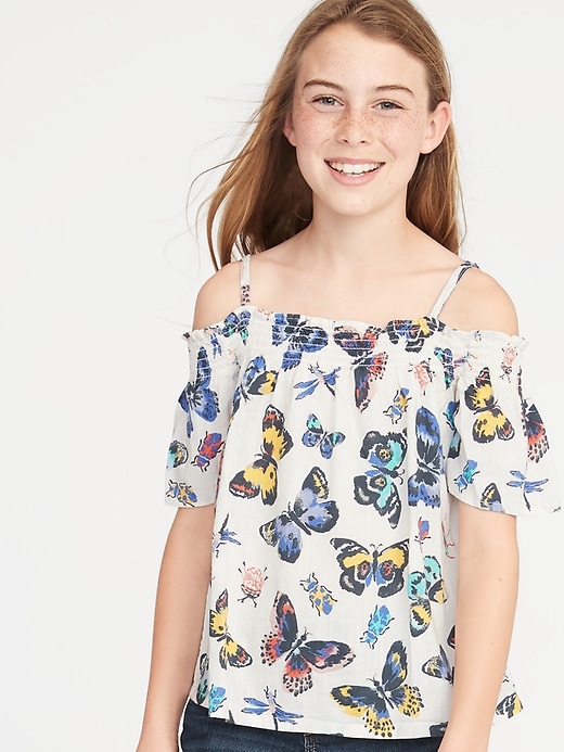 View large product image 1 of 1. Smocked Off-the-Shoulder Butterfly-Print Swing Top for Girls