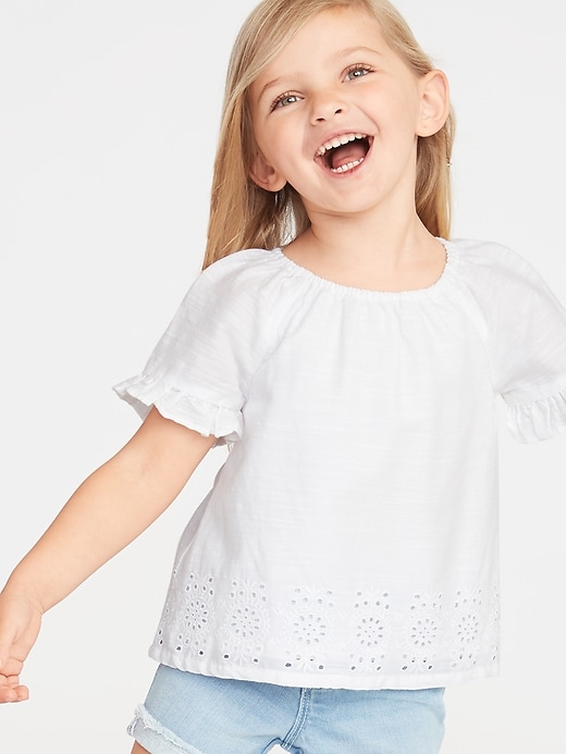 View large product image 1 of 4. Ruffle-Sleeve Cutwork Top for Toddler Girls